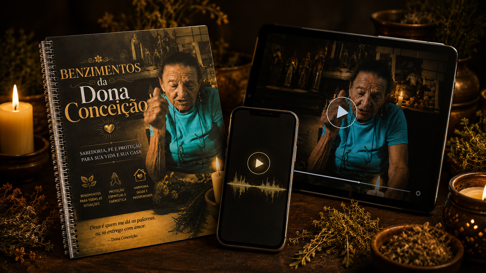 Caderno de Benzimentos da Dona Conceição, áudios no celular e vídeo bônus no tablet